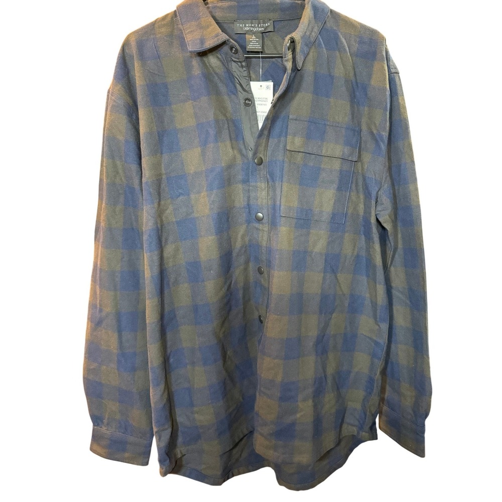 The Men's Store Bloomingdale's Flannel Shirt Blue Green Plaid Snap Front Large